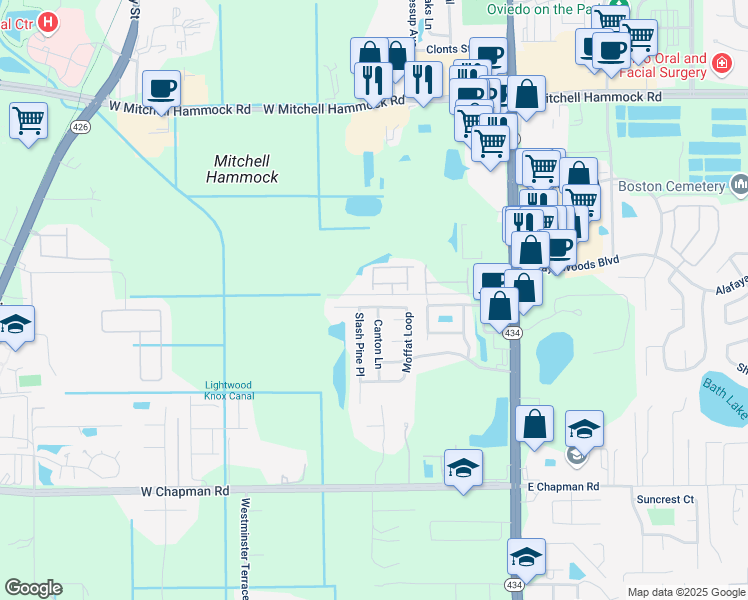 map of restaurants, bars, coffee shops, grocery stores, and more near 542 Penny Royal Place in Oviedo