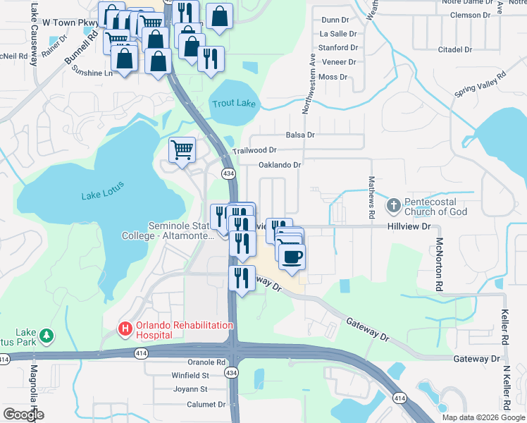 map of restaurants, bars, coffee shops, grocery stores, and more near 658 Barbuda Way in Altamonte Springs