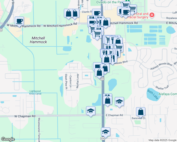 map of restaurants, bars, coffee shops, grocery stores, and more near 106 Windflower Way in Oviedo