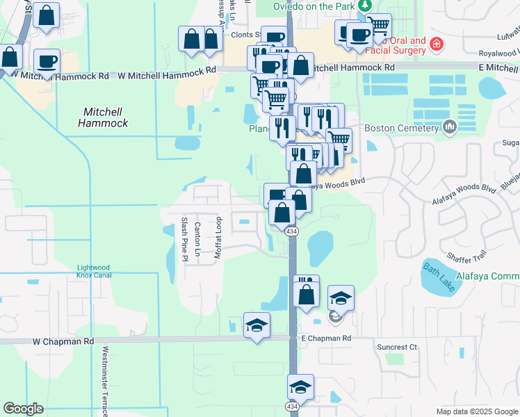 map of restaurants, bars, coffee shops, grocery stores, and more near 106 Windflower Way in Oviedo