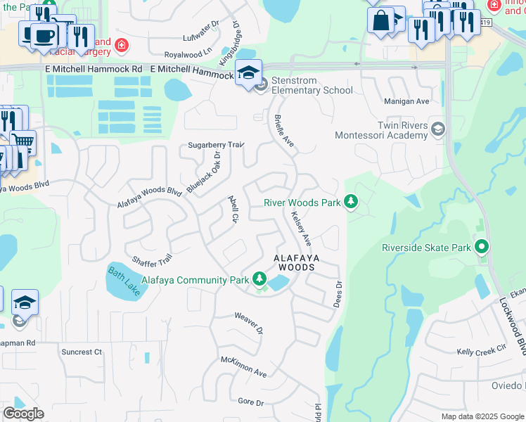 map of restaurants, bars, coffee shops, grocery stores, and more near 1013 Pearson Drive in Oviedo