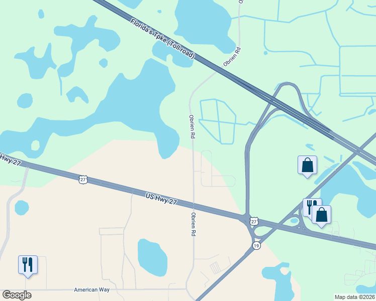 map of restaurants, bars, coffee shops, grocery stores, and more near 20721 Obrien Road in Groveland