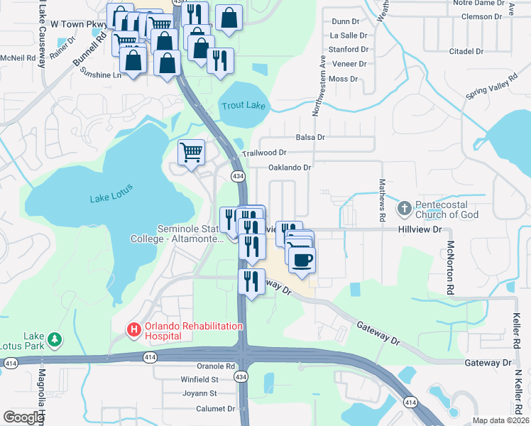 map of restaurants, bars, coffee shops, grocery stores, and more near 658 Barbuda Way in Altamonte Springs