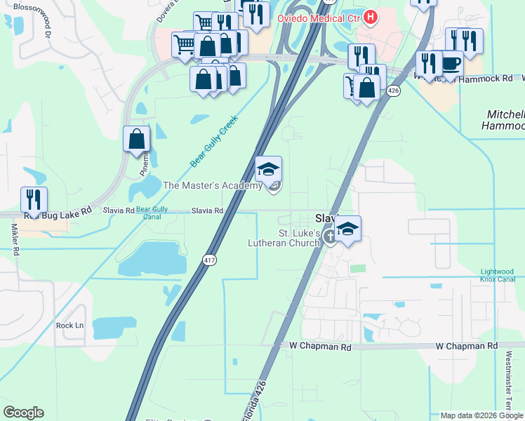 map of restaurants, bars, coffee shops, grocery stores, and more near 1500 Lukas Lane in Oviedo