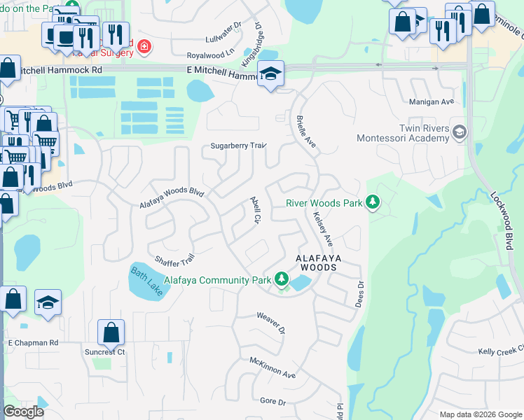 map of restaurants, bars, coffee shops, grocery stores, and more near 1040 Abell Circle in Oviedo