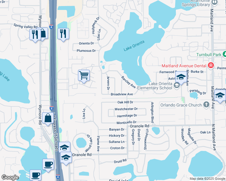 map of restaurants, bars, coffee shops, grocery stores, and more near 625 Mayfair Avenue in Altamonte Springs