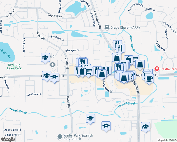 map of restaurants, bars, coffee shops, grocery stores, and more near 5280 Red Bug Lake Road in Winter Springs