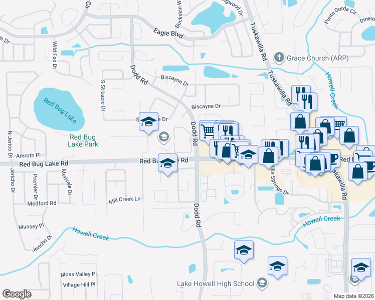 map of restaurants, bars, coffee shops, grocery stores, and more near 3764 Idlebrook Circle in Casselberry
