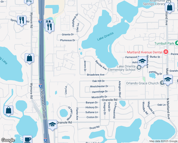 map of restaurants, bars, coffee shops, grocery stores, and more near 625 Mayfair Avenue in Altamonte Springs