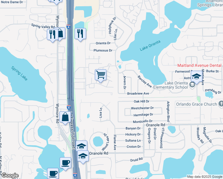 map of restaurants, bars, coffee shops, grocery stores, and more near 314 Cherokee Court in Altamonte Springs