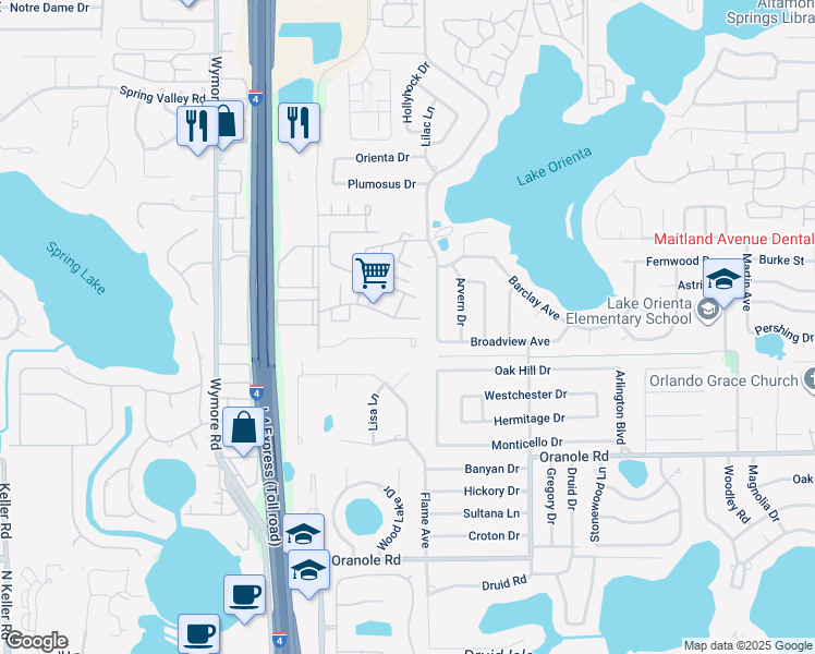 map of restaurants, bars, coffee shops, grocery stores, and more near 314 Cherokee Court in Altamonte Springs