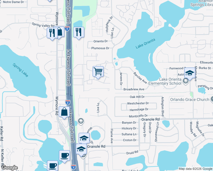 map of restaurants, bars, coffee shops, grocery stores, and more near 314 Cherokee Court in Altamonte Springs