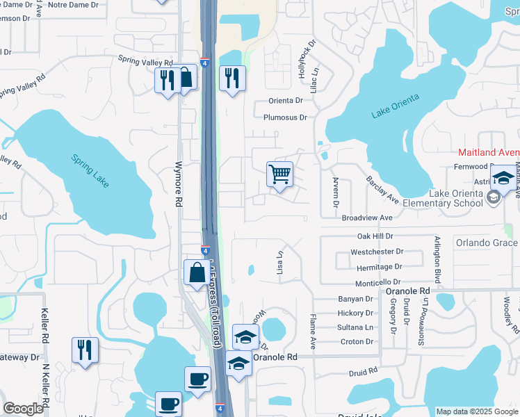 map of restaurants, bars, coffee shops, grocery stores, and more near 220 Cherokee Court in Altamonte Springs