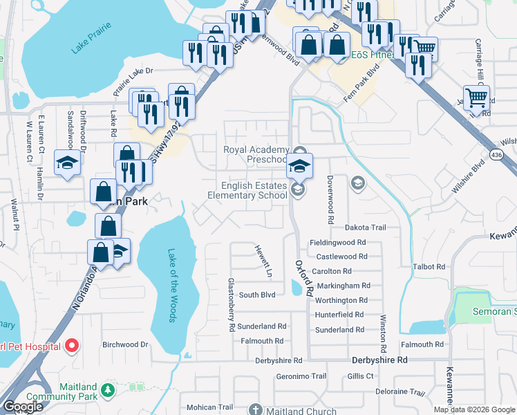 map of restaurants, bars, coffee shops, grocery stores, and more near 923 Winter Green Boulevard in Casselberry