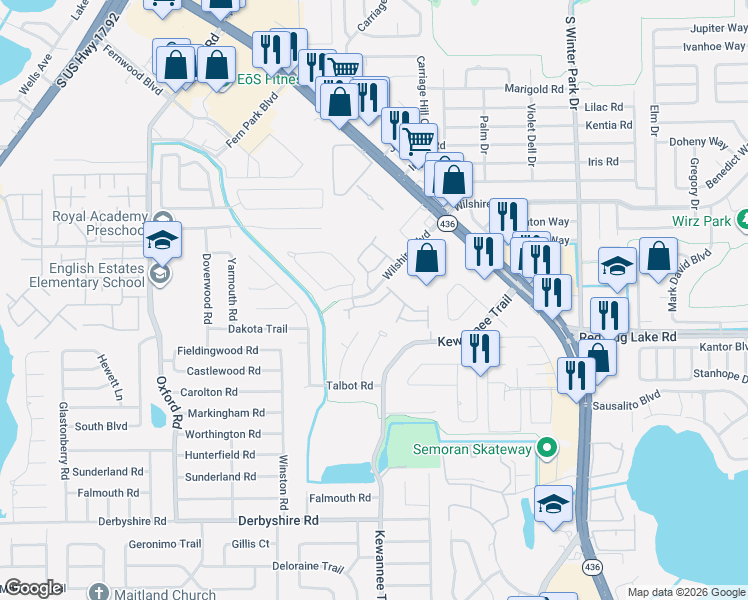 map of restaurants, bars, coffee shops, grocery stores, and more near 2240 Leland Lane in Casselberry