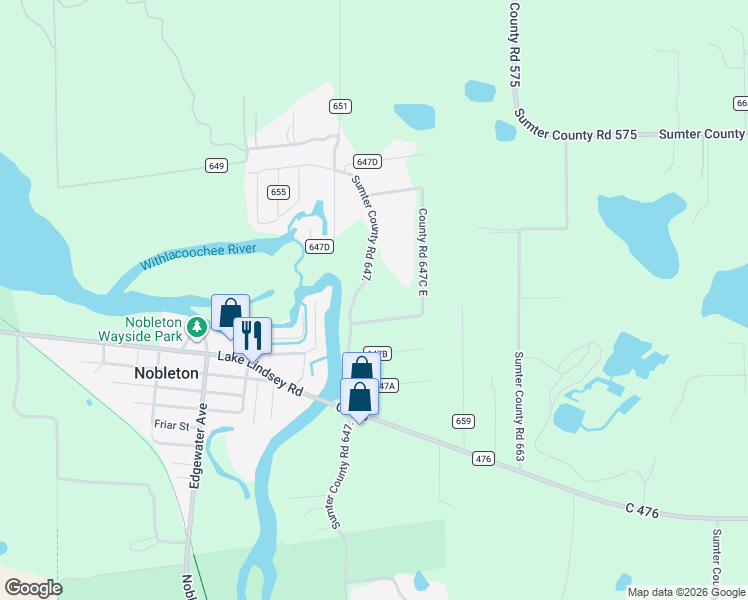 map of restaurants, bars, coffee shops, grocery stores, and more near 7363 County Road 647 in Bushnell