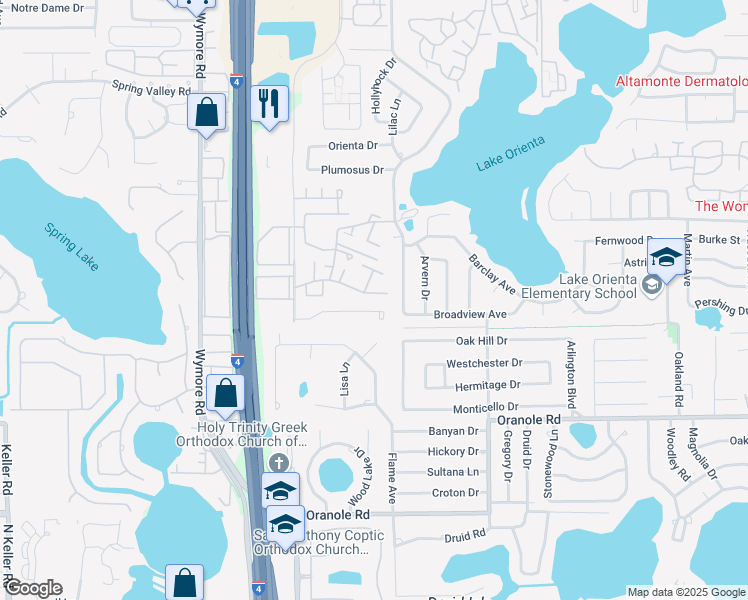 map of restaurants, bars, coffee shops, grocery stores, and more near 314 Cherokee Court in Altamonte Springs