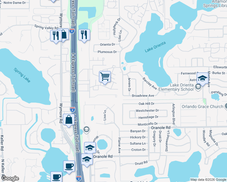map of restaurants, bars, coffee shops, grocery stores, and more near 310 Cherokee Court in Altamonte Springs