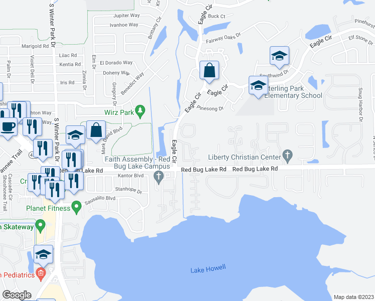 map of restaurants, bars, coffee shops, grocery stores, and more near 905 Northern Dancer Way in Casselberry