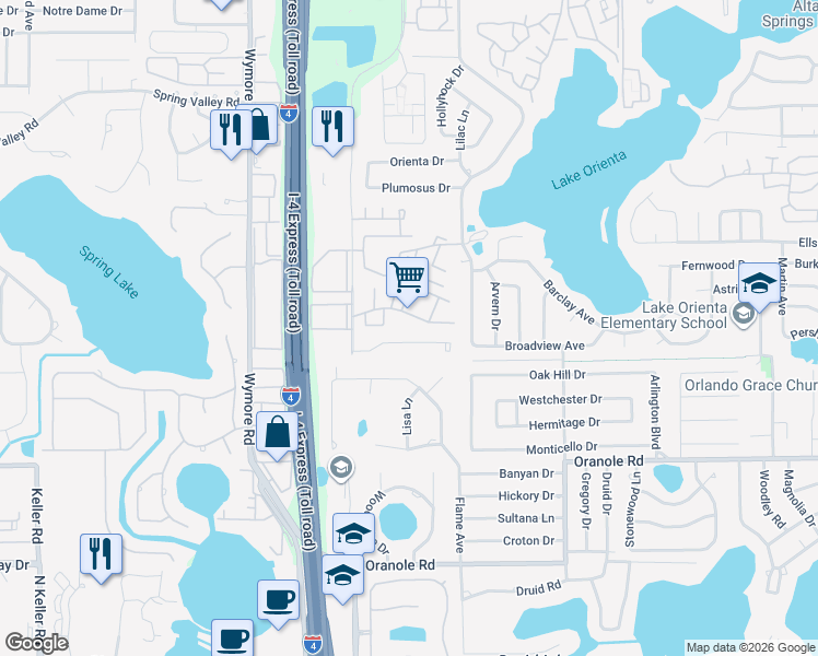 map of restaurants, bars, coffee shops, grocery stores, and more near 304 Cherokee Court in Altamonte Springs