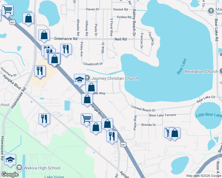map of restaurants, bars, coffee shops, grocery stores, and more near 1942 Bear View Drive in Apopka