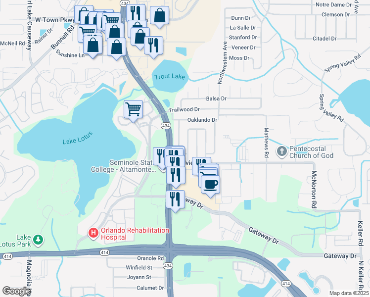 map of restaurants, bars, coffee shops, grocery stores, and more near 658 Barbuda Way in Altamonte Springs