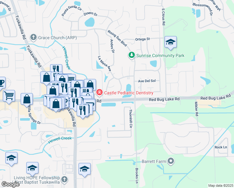 map of restaurants, bars, coffee shops, grocery stores, and more near 1413 La Paloma Circle in Winter Springs