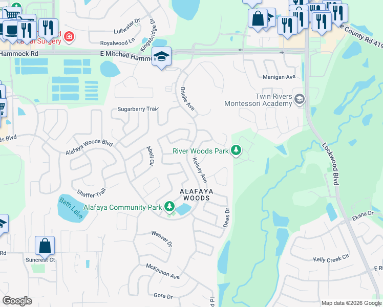 map of restaurants, bars, coffee shops, grocery stores, and more near 1023 Kelsey Avenue in Oviedo