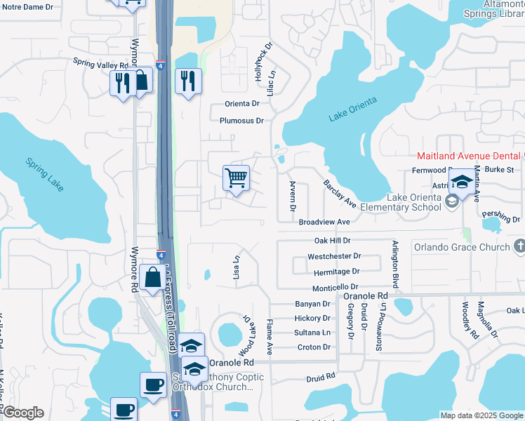 map of restaurants, bars, coffee shops, grocery stores, and more near 314 Cherokee Court in Altamonte Springs