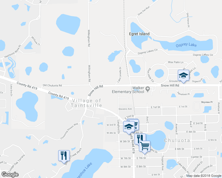 map of restaurants, bars, coffee shops, grocery stores, and more near 3345 Snow Hill Road in Chuluota