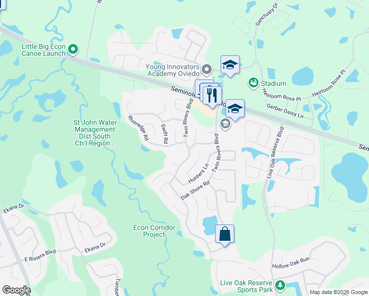 map of restaurants, bars, coffee shops, grocery stores, and more near 285 Mill Slough Road in Oviedo