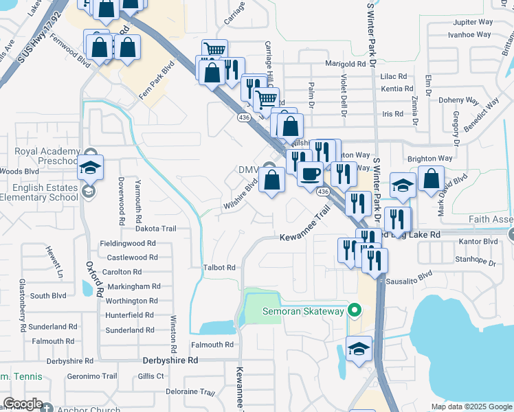 map of restaurants, bars, coffee shops, grocery stores, and more near 1962 Fenwick Way in Casselberry