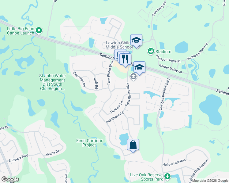 map of restaurants, bars, coffee shops, grocery stores, and more near 285 Mill Slough Road in Oviedo