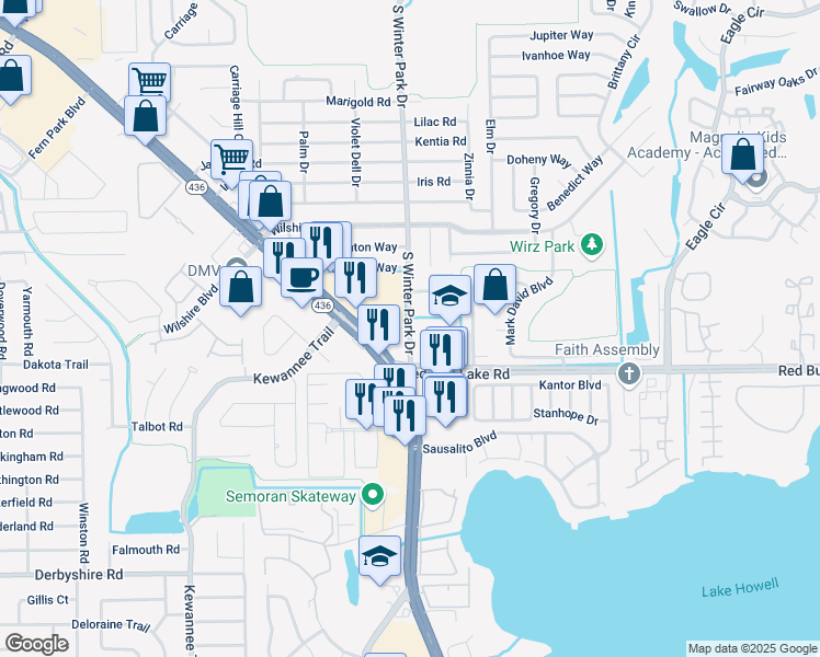 map of restaurants, bars, coffee shops, grocery stores, and more near 959 South Winter Park Drive in Casselberry