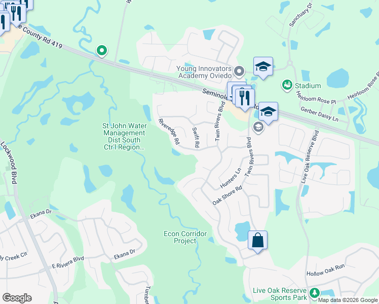 map of restaurants, bars, coffee shops, grocery stores, and more near 1708 Riveredge Road in Oviedo