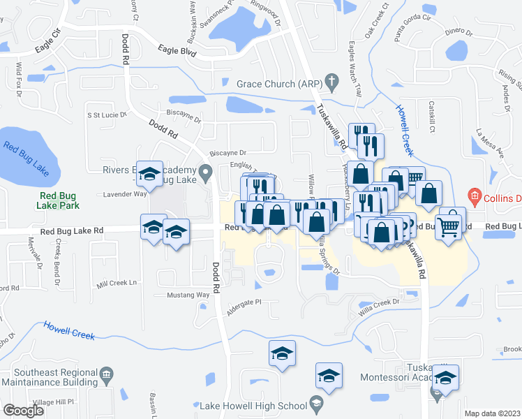 map of restaurants, bars, coffee shops, grocery stores, and more near 999 English Town Lane in Winter Springs