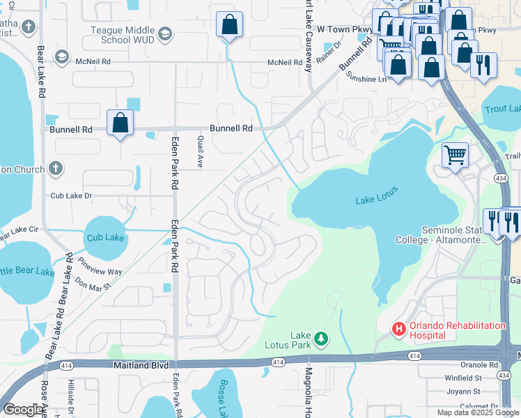 map of restaurants, bars, coffee shops, grocery stores, and more near 1153 Oak Tree Circle in Altamonte Springs