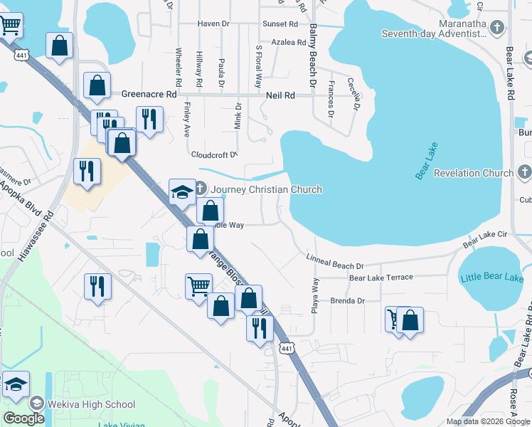 map of restaurants, bars, coffee shops, grocery stores, and more near 1942 Bear View Drive in Apopka