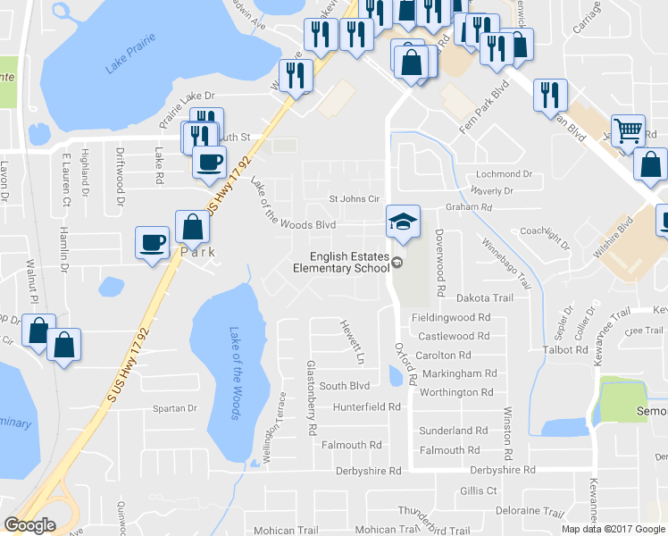 map of restaurants, bars, coffee shops, grocery stores, and more near 923 Winter Green Boulevard in Casselberry