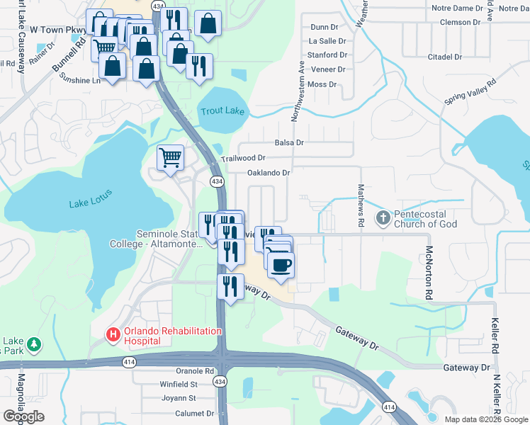 map of restaurants, bars, coffee shops, grocery stores, and more near 657 Caliente Way in Altamonte Springs