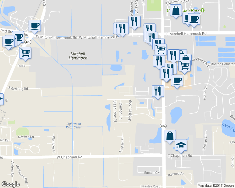 map of restaurants, bars, coffee shops, grocery stores, and more near 542 Penny Royal Place in Oviedo