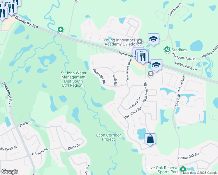 map of restaurants, bars, coffee shops, grocery stores, and more near 1708 Riveredge Road in Oviedo