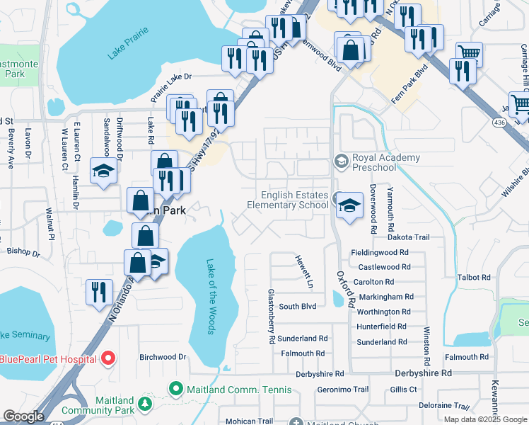 map of restaurants, bars, coffee shops, grocery stores, and more near 217 Nettlewood Lane in Fern Park