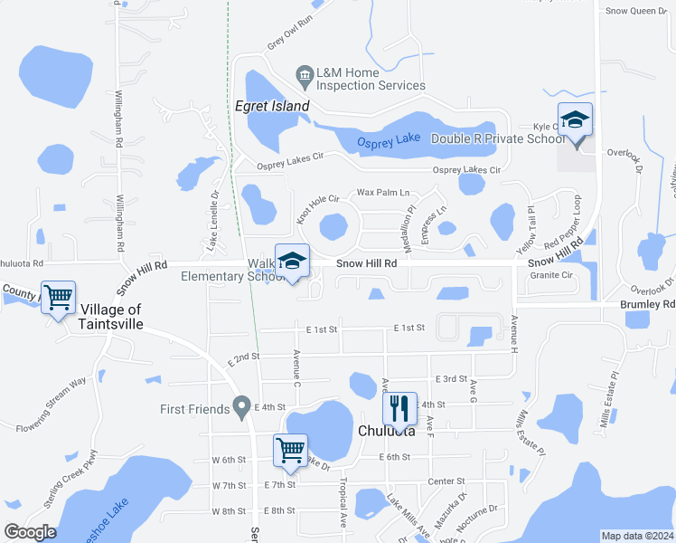 map of restaurants, bars, coffee shops, grocery stores, and more near 174 Velveteen Place in Oviedo