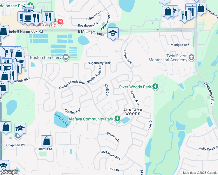 map of restaurants, bars, coffee shops, grocery stores, and more near 1040 Abell Circle in Oviedo