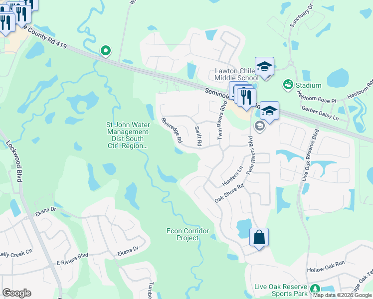 map of restaurants, bars, coffee shops, grocery stores, and more near 1708 Riveredge Road in Oviedo