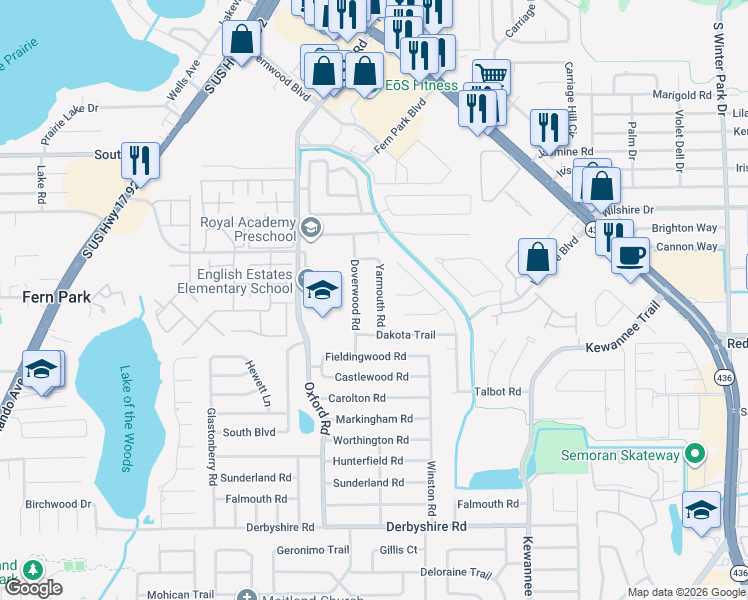 map of restaurants, bars, coffee shops, grocery stores, and more near 214 Yarmouth Road in Fern Park