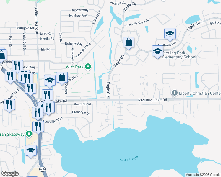 map of restaurants, bars, coffee shops, grocery stores, and more near 905 Northern Dancer Way in Casselberry