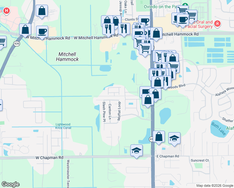 map of restaurants, bars, coffee shops, grocery stores, and more near 309 Golden Dewdrop Way in Oviedo