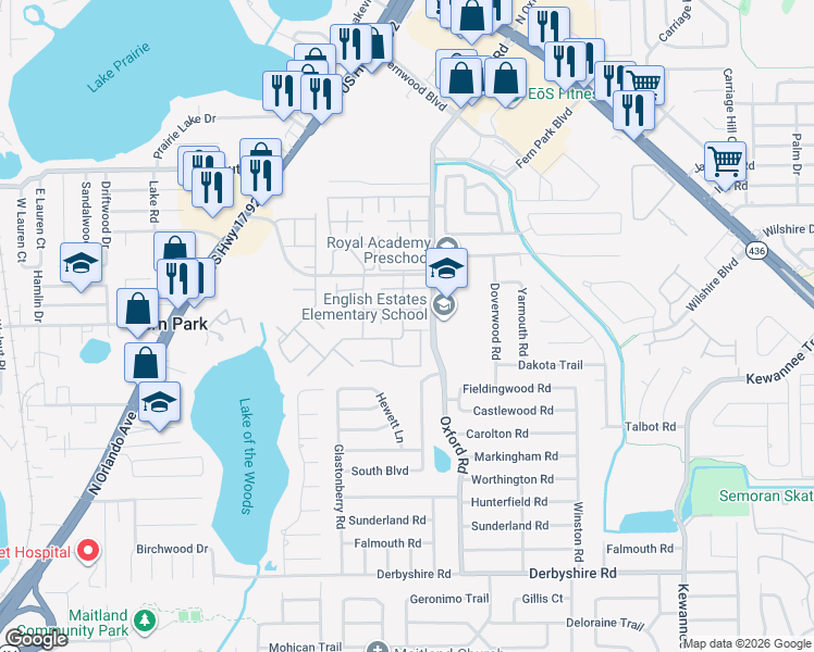 map of restaurants, bars, coffee shops, grocery stores, and more near 151 Fallwood Street in Casselberry